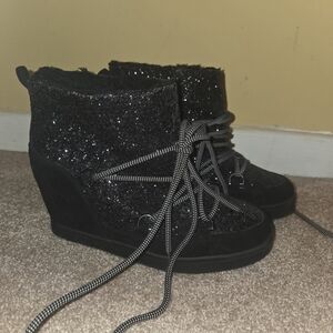 Juicy Couture Black Sparkly Lace-Up Wedge Heel Boots